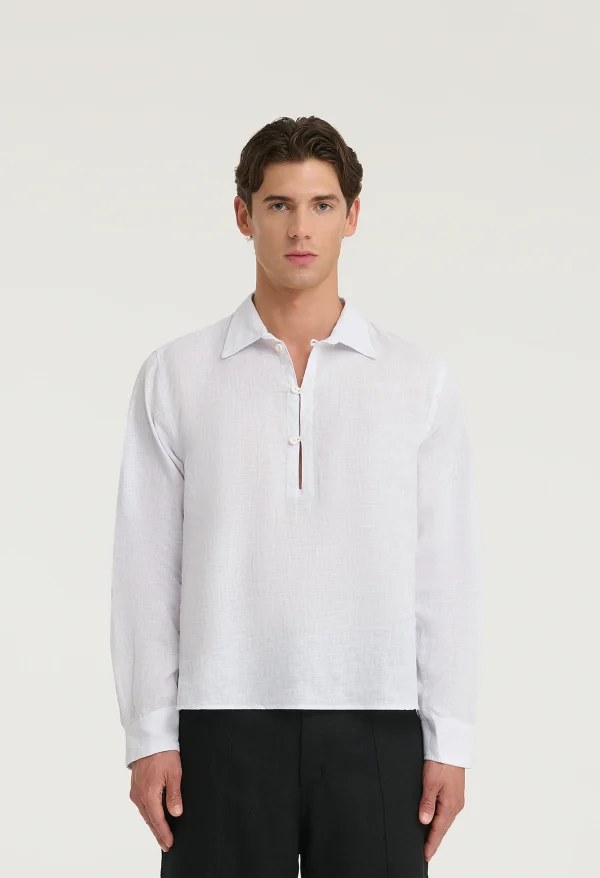 545 PURE LINEN HALF BUTTON SHIRT PURE WHITE