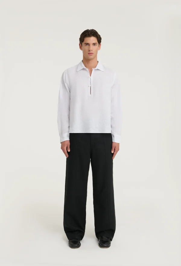 545 PURE LINEN HALF BUTTON SHIRT PURE WHITE