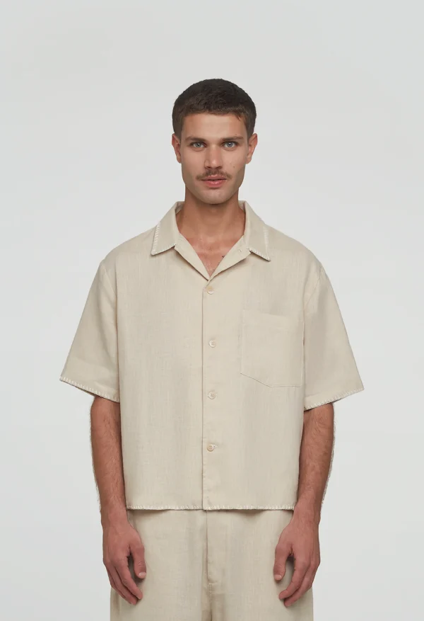 545 LINEN BOWLING SHIRT SAND BEIGE